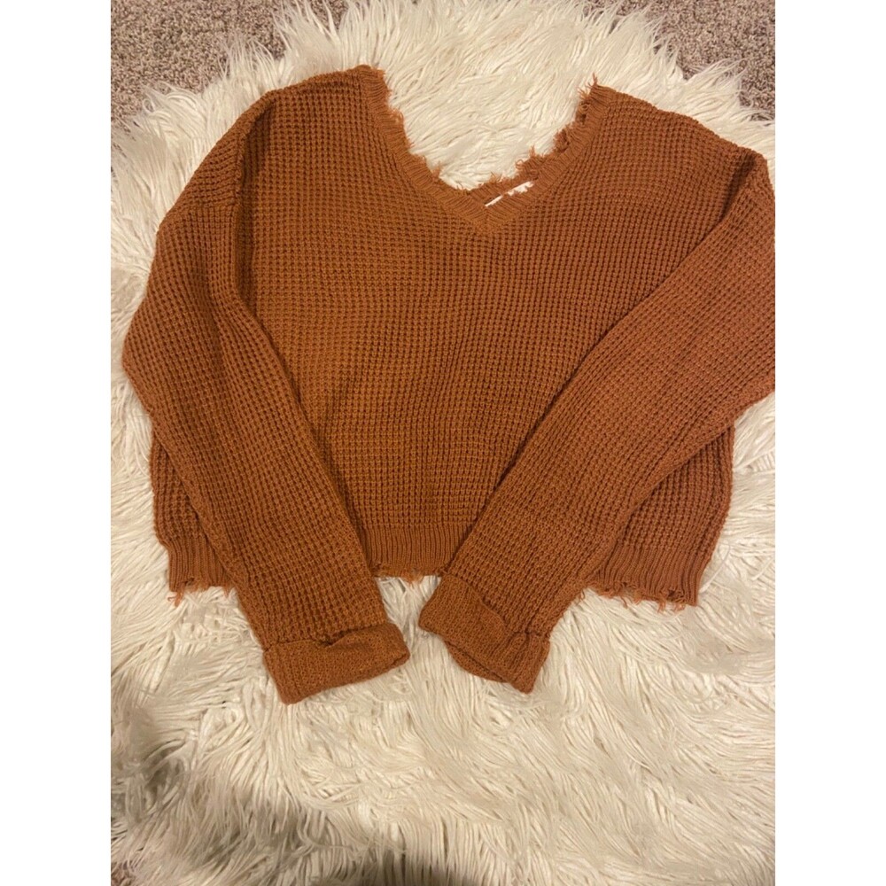 Large women’s Burnt Orange Moon and Madison cropped distressed waffle  sweater
